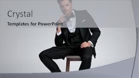  Presentation with modern elegant - PPT theme with elegant modern groom wearing suit and bowtie holding hand to chin sitting isolated on grey background background and a light gray colored foreground