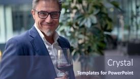  Presentation with wine tasting - Colorful presentation theme enhanced with elegant-older-white-man-drinking backdrop and a ocean colored foreground