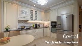  Presentation with kitchen design - Presentation theme enhanced with elegant-open-concept-kitchen background and a coral colored foreground