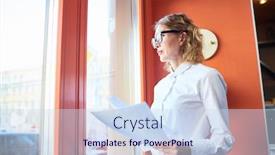  Presentation with contemplating - Colorful theme enhanced with elegant pensive woman in glasses holding papers and looking away in window contemplating on work backdrop and a sky blue colored foreground