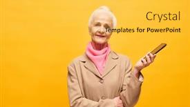 Presentation with isolation - Theme featuring elegant-senior-woman-with-smartphone background and a yellow colored foreground
