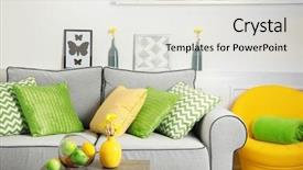  Presentation with living room - Slide deck consisting of simlpy - modern living room interior background and a  colored foreground