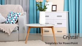  Presentation with living room - Cool new PPT theme with reducing expenses - modern living room interior backdrop and a mint green colored foreground