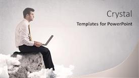  Presentation with smooth elegant grey silk - Colorful theme enhanced with elegant smart businessman with laptop sitting in empty grey space on top of a cliff between clouds concept backdrop and a light gray colored foreground