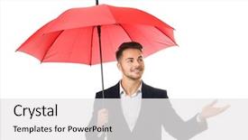  Presentation with man in suit guitar - Slide deck having elegant suit with red umbrella background and a  colored foreground