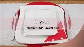  Presentation with elegant table setting - Colorful slide deck enhanced with elegant table setting with white porcelain plates cutlery decorative bead chain polka dot serviette on red place mat and silver runner on oak background backdrop and a soft green colored foreground