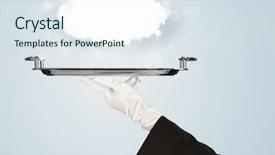  Presentation with restaurant waiter - PPT theme with elegant waiter business hand background and a sky blue colored foreground