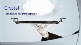  Presentation with restaurant waiter - Colorful presentation theme enhanced with elegant waiter business hand backdrop and a sky blue colored foreground