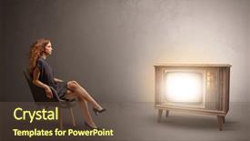  Presentation with television watching - PPT theme having elegant young lady watching background and a tawny brown colored foreground