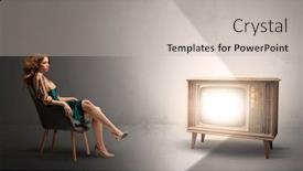  Presentation with television watching - Colorful PPT theme enhanced with elegant young lady watching to a vintage television backdrop and a light gray colored foreground