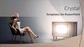  Presentation with television watching - PPT theme with elegant young lady watching to a vintage television background and a light gray colored foreground