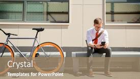  Presentation with man sitting bench - Audience pleasing presentation consisting of elegant-young-man-messaging backdrop and a coral colored foreground