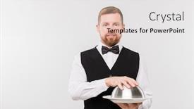  Presentation with restaurant waiter - Presentation design featuring elegant-young-waiter-in-bowtie background and a white colored foreground