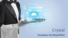  Presentation with cloud technology - Cool new slide deck with elegant young waiter serving cloud technology concept backdrop and a light blue colored foreground