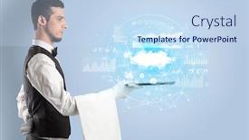  Presentation with cloud technology - Amazing slides having elegant young waiter serving cloud technology concept backdrop and a sky blue colored foreground