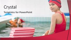  Presentation with swimming pool - Colorful slide set enhanced with elementary age girl wearing red swimsuit sitting on the edge of a swimming pool near pile of swimming floats looking at camera backdrop and a white colored foreground