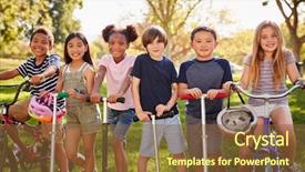  Presentation with free school - Beautiful slide deck featuring elementary age school kids backdrop and a tawny brown colored foreground