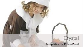  Presentation with autumn leaves - Colorful slide deck enhanced with elementary-aged-pilgrim-girl-collecting backdrop and a  colored foreground