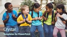  Presentation with elementary children - Audience pleasing PPT theme consisting of elementary children - happy pupils with schoolbags sitting backdrop and a ocean colored foreground