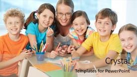  Presentation with teacher diversity - Cool new slides with elementary children - portrait of joyful schoolkids backdrop and a  colored foreground