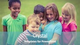  Presentation with five business people standing together and smiling - Beautiful PPT layouts featuring elementary children - smiling classmates using tablet together backdrop and a  colored foreground