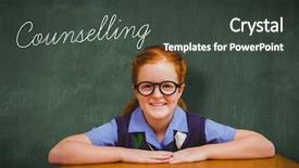  Presentation with green chalkboard - Beautiful slide set featuring elementary counseling - word counselling and smiling pupil backdrop and a dark gray colored foreground