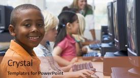  Presentation with key education - Audience pleasing PPT theme consisting of elementary education - children at computer terminals backdrop and a coral colored foreground