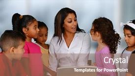  Presentation with hearing aids for children in school - PPT layouts featuring elementary education - group of children working background and a coral colored foreground