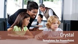  Presentation with teacher - Beautiful presentation theme featuring elementary education - happy female teacher assisting schoolchildren backdrop and a tawny brown colored foreground