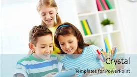  Presentation with classmates - Slide deck enhanced with elementary education - portrait of happy classmates background and a light blue colored foreground