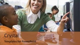  Presentation with teacher and student - Cool new PPT layouts with elementary education - teacher helping student at computer backdrop and a red colored foreground