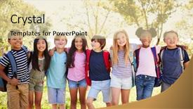  Presentation with stand - Amazing PPT layouts having elementary free - group of schoolchildren stand embracing backdrop and a soft green colored foreground