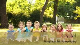  Presentation with happy kids - Beautiful presentation featuring elementary free - happy kids sitting on grass backdrop and a  colored foreground