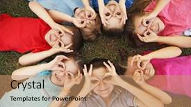  Presentation with children little child girl plays - Colorful PPT theme enhanced with elementary free - playful children lying on grass backdrop and a coral colored foreground