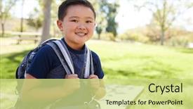  Presentation with backpack - PPT layouts enhanced with elementary free - young asian schoolboy with backpack background and a  colored foreground