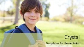  Presentation with military security camera - Slide deck having elementary free - young schoolboy looks to camera background and a blonde colored foreground