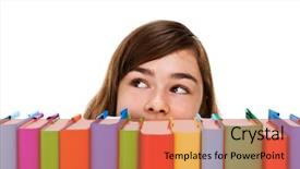  Presentation with tan book stack stacks of books - Theme consisting of elementary library - girl peeking behind pile background and a  colored foreground
