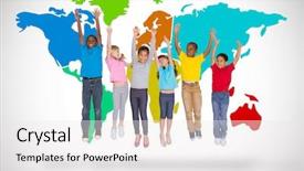  Presentation with showing world map for shipping - Slides consisting of elementary pupils jumping against white background and a  colored foreground