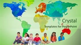  Presentation with pupils reading - Beautiful presentation theme featuring elementary pupils reading books against green vignette with world map backdrop and a mint green colored foreground