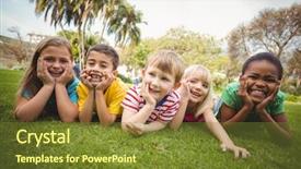  Presentation with classmates - Slide set featuring elementary school - portrait of smiling classmates lying background and a tawny brown colored foreground