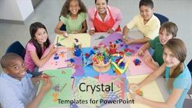  Presentation with school art and music - Cool new PPT theme with elementary school art class viewed backdrop and a lemonade colored foreground