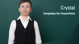  Presentation with pupil - Amazing slide set having elementary school boy near blank chalkboard background dressed in classic black suit one pupil education concept backdrop and a ocean colored foreground