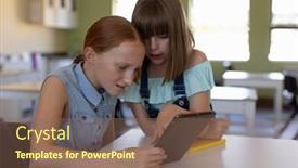  Presentation with elementary children - Presentation theme having elementary-school-children-side-view background and a violet colored foreground