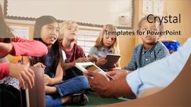  Presentation with school crossing safety - Cool new PPT layouts with elementary school class sitting cross backdrop and a lemonade colored foreground