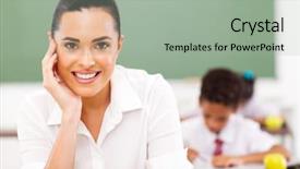  Presentation with elementary - Amazing PPT theme having elementary school educator siting in classroom backdrop and a light gray colored foreground