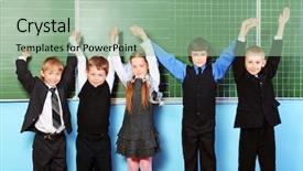  Presentation with classroom - Colorful presentation theme enhanced with elementary school graduation - cheerful schoolchildren at a classroom backdrop and a mint green colored foreground