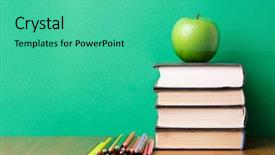  Presentation with school apple - Audience pleasing theme consisting of colorful back school - apple over books backdrop and a seafoam green colored foreground
