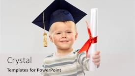  Presentation with school board - Presentation consisting of elementary school preschool education and childhood concept - portrait of smiling little boy in mortar board with diploma over grey background background and a lemonade colored foreground