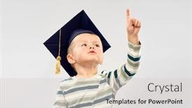 Presentation with school board - Beautiful presentation design featuring elementary school preschool education and childhood concept - portrait of little boy in mortar board pointing finger up over grey background backdrop and a light gray colored foreground
