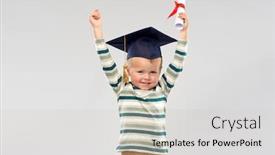  Presentation with elementary school - Presentation theme featuring elementary school preschool education and success concept - portrait of smiling little boy in mortar board with diploma celebrating triumph over grey background background and a light gray colored foreground